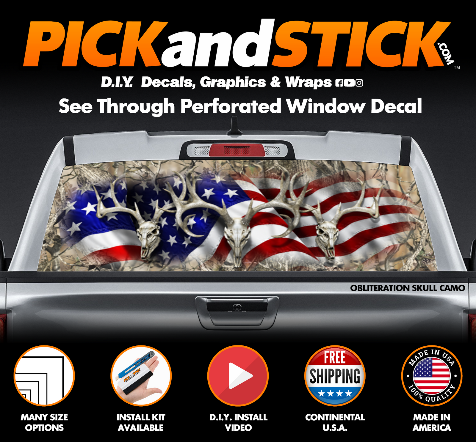 American Buck Skull Camo Perforated Rear Window Decal