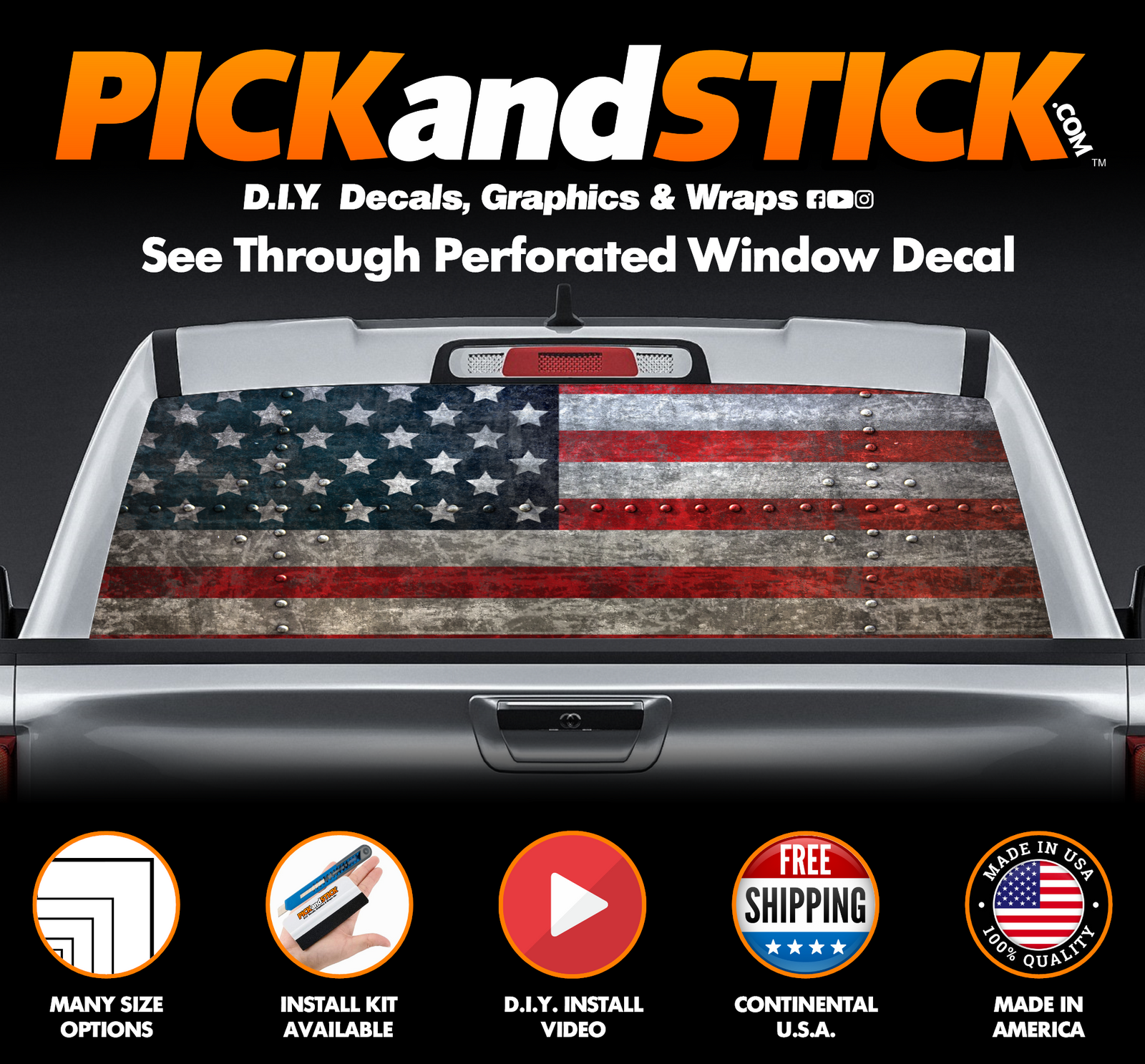 American Flag Riveted Perforated Rear Window Decal
