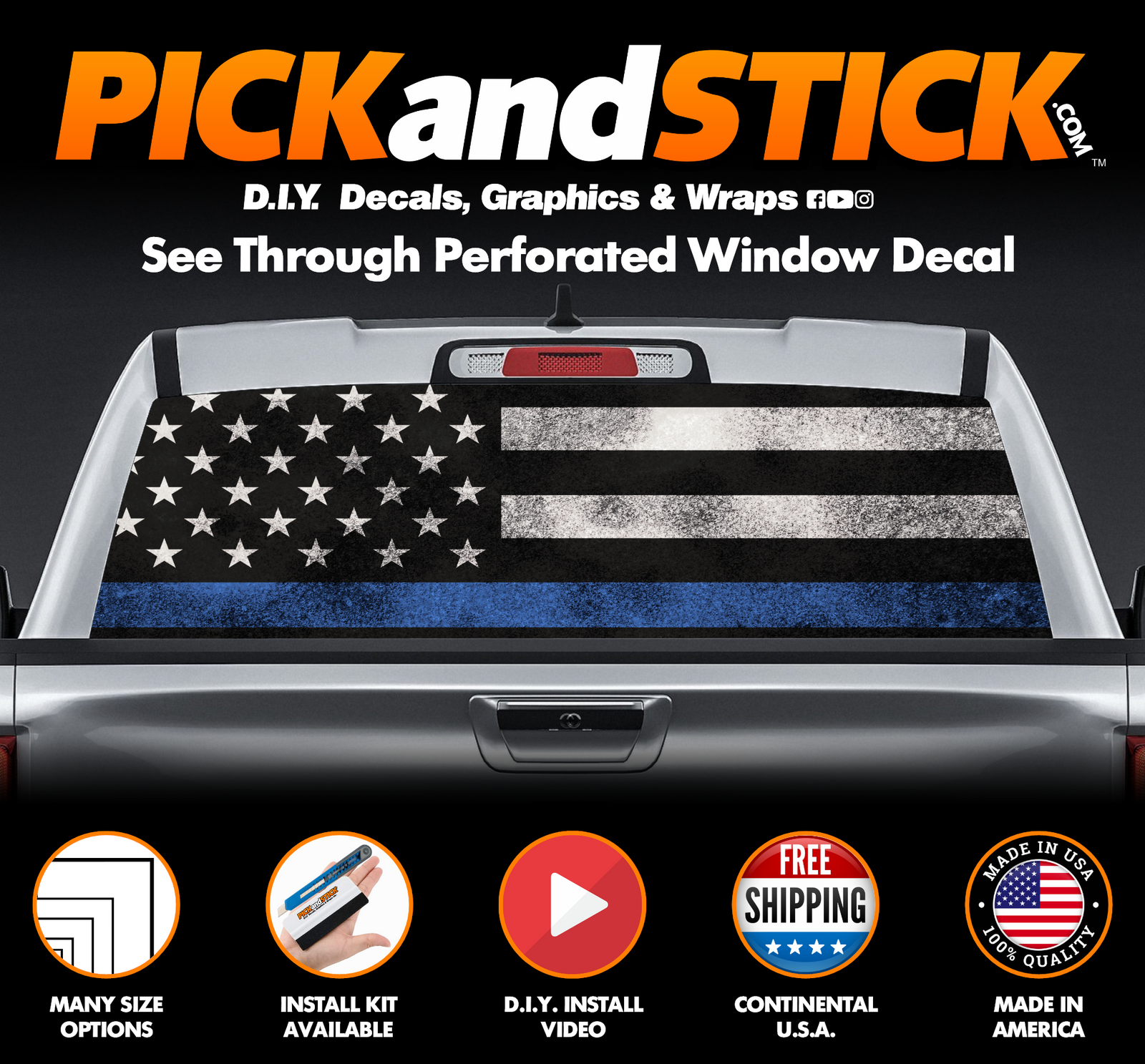 American Flag Blue Line Destressed Perforated Rear Window Decal
