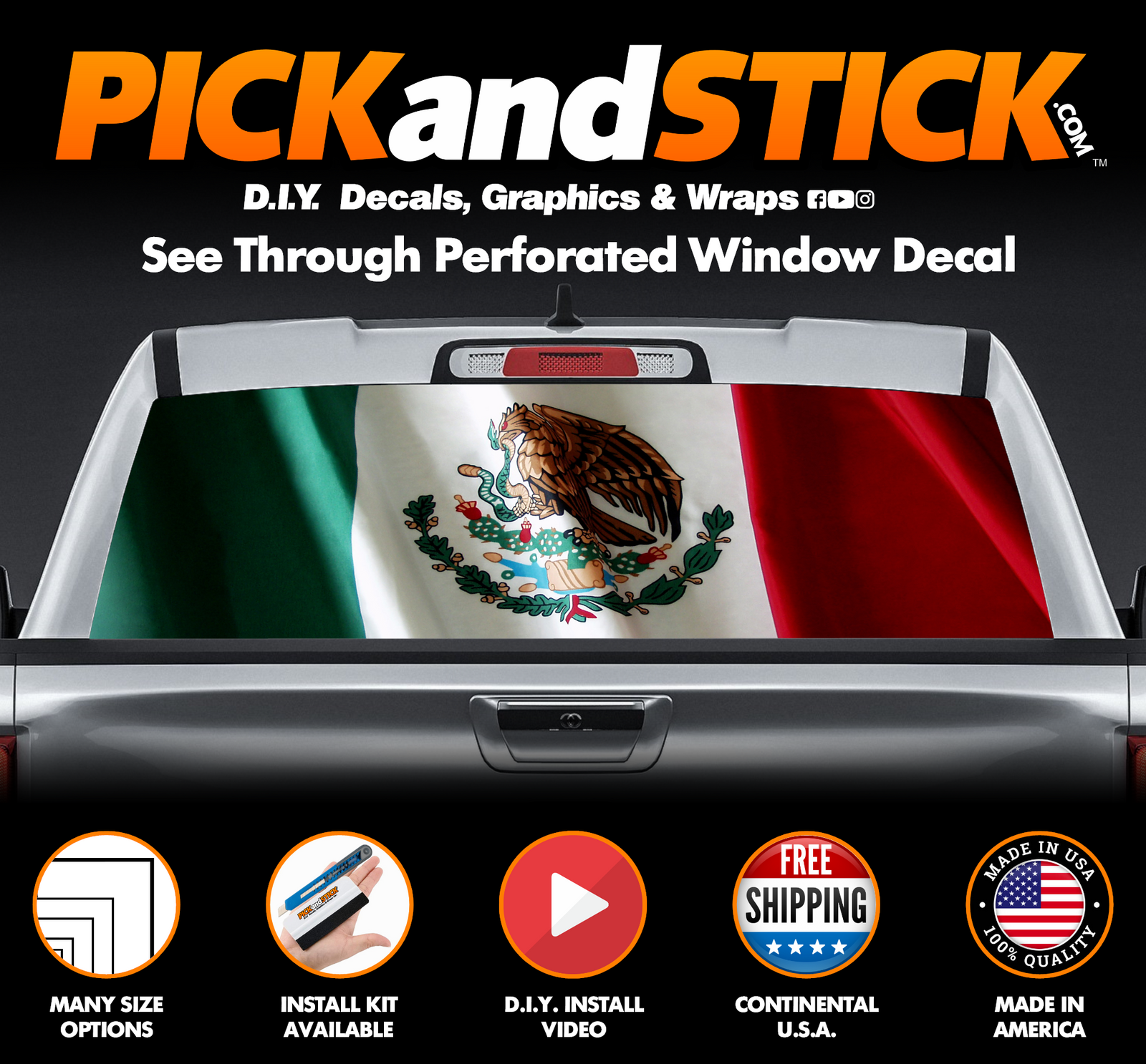 Mexico Flag Waving Perforated Rear Window Decal