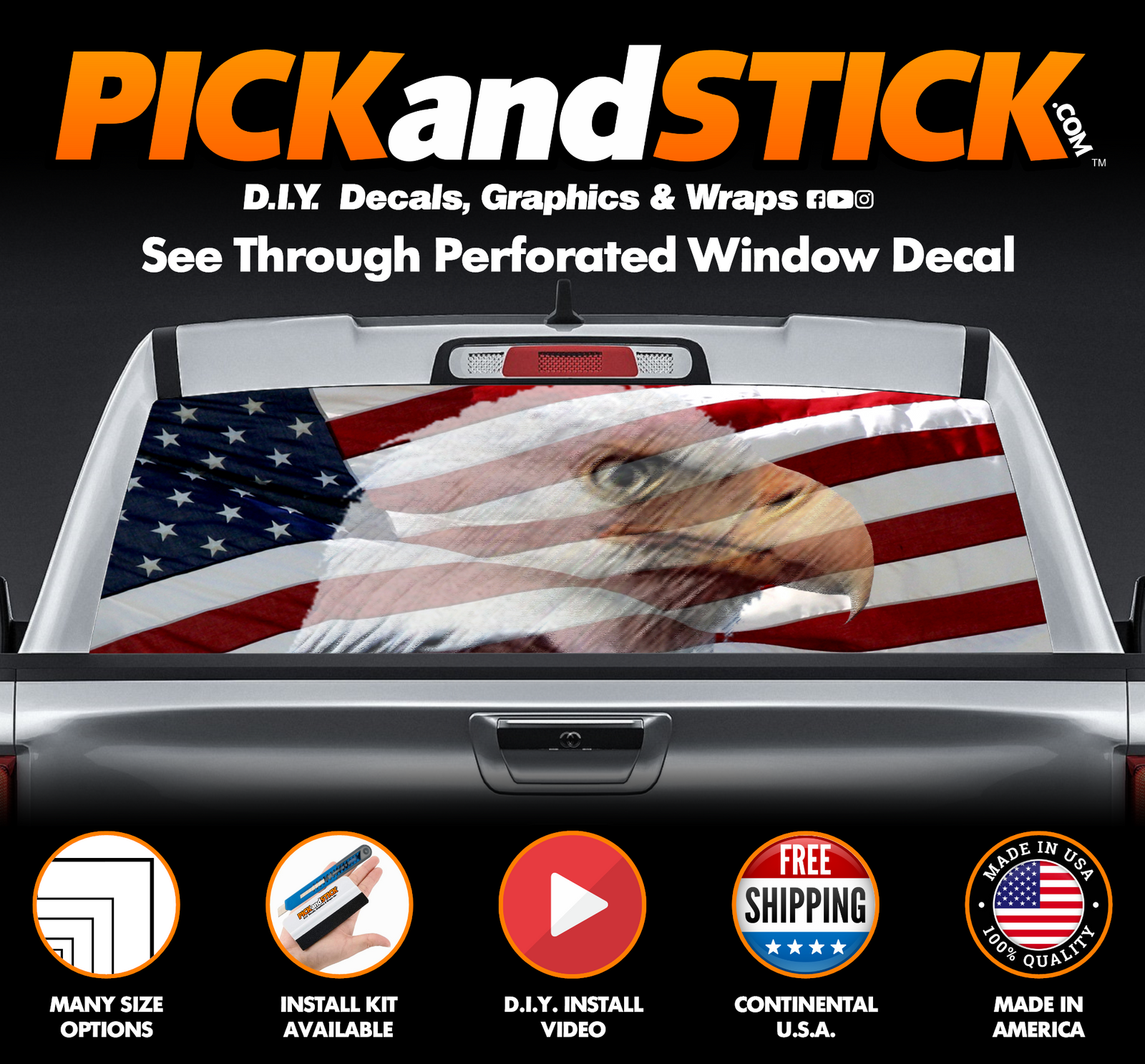 American Flag with Eagle Head Perforated Rear Window Decal