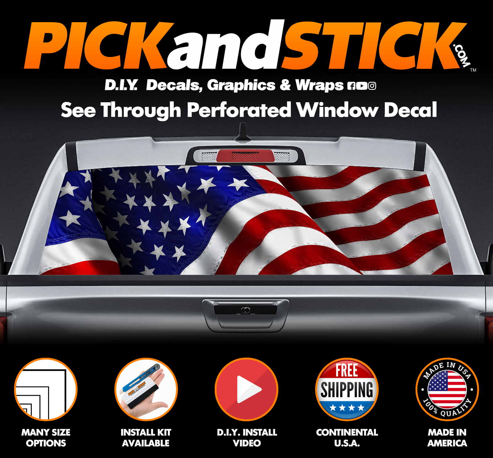 American Flag Waving Perforated Rear Window Decal